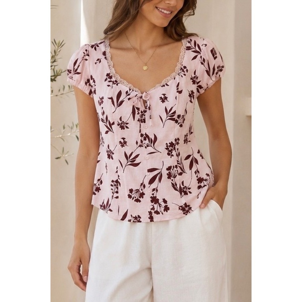 NEW Maison d'Amélie Pink Floral Linen Blend Lace Trim Puff Sleeve Blouse Top M